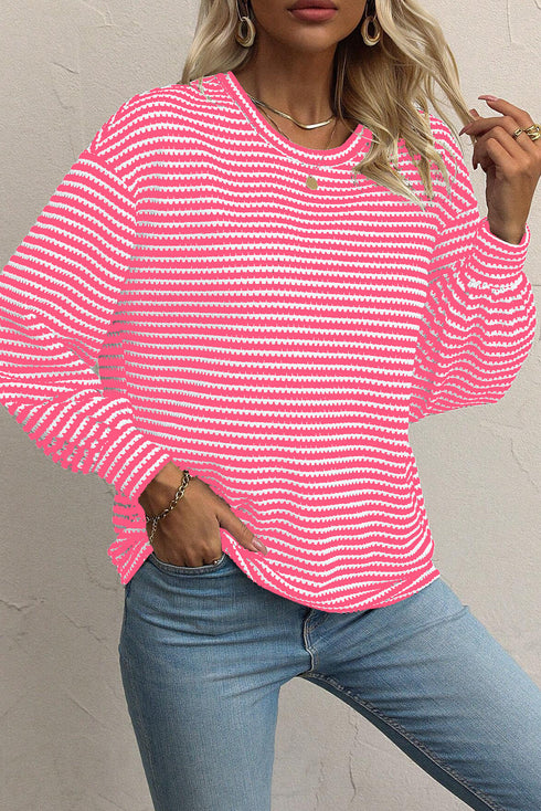 Stripe Round Neck Drop Shoulder Long Sleeve Top